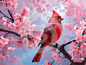 Ai Generated illustration Wildlife Concept of Cardinal Amid Spring Tree Blossoms