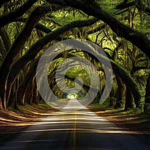 Ai Generated illustration Wildlife Concept of Charleston SC Botany Bay Dirt Road Spooky Tunnel