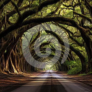 Ai Generated illustration Wildlife Concept of Charleston SC Botany Bay Dirt Road Spooky Tunnel