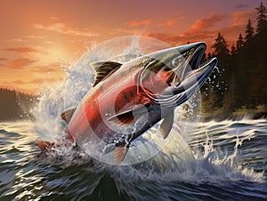 Ai Generated illustration Wildlife Concept of Coho Salmon jumping out of the Pacific Ocean