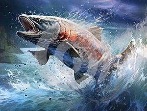 Ai Generated illustration Wildlife Concept of Coho Salmon jumping out of the Pacific Ocean