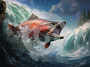 Ai Generated illustration Wildlife Concept of Coho Salmon jumping out of the Pacific Ocean