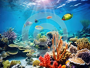 Ai Generated illustration Wildlife Concept of Coral reef and tropical fish with water surface