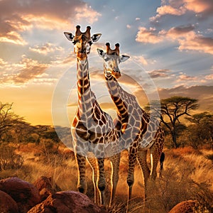 Ai Generated illustration Wildlife Concept of Couple of giraffes