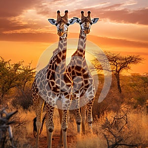 Ai Generated illustration Wildlife Concept of Couple of giraffes