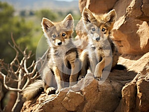 Ai Generated illustration Wildlife Concept of Coyote pups rocks curious pup