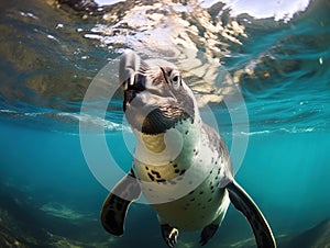 Ai Generated illustration Wildlife Concept of Curious Penguin and Snorkeler