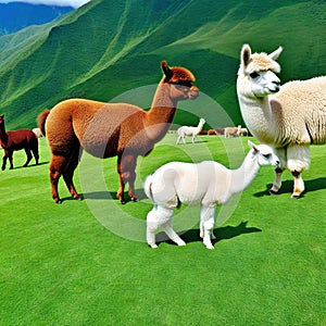 Ai Generated illustration Wildlife Concept of A cute alpaca herd grazes on green grass generated photo