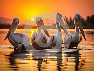 Ai Generated illustration Wildlife Concept of Danube Delta Romania Pelicans at sunset on Lake Fortuna