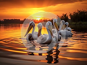Ai Generated illustration Wildlife Concept of Danube Delta Romania Pelicans at sunset on Lake Fortuna