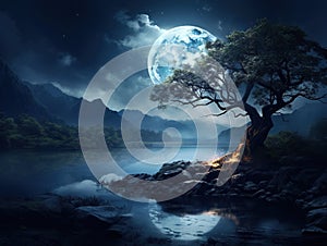 Ai Generated illustration Wildlife Concept of Dark Night Full moon