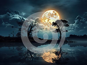 Ai Generated illustration Wildlife Concept of Dark Night Full moon