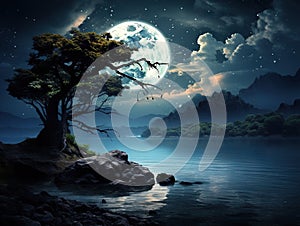 Ai Generated illustration Wildlife Concept of Dark Night Full moon