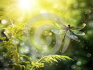 Ai Generated illustration Wildlife Concept of Dragonfly flying in a Zen garden