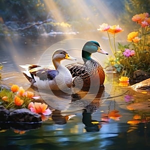 Ai Generated illustration Wildlife Concept of Ducks in pond in Bowring Park Home photo