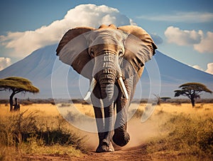 Ai Generated illustration Wildlife Concept of Elephant in front of Mt. Kilimanjaro