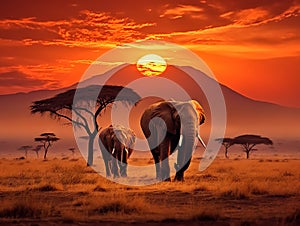 Ai Generated illustration Wildlife Concept of Elephants in Kilimanjaro National Park