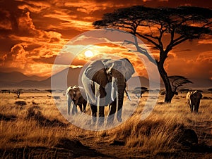 Ai Generated illustration Wildlife Concept of Elephants in Kilimanjaro National Park