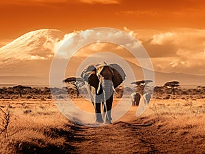 Ai Generated illustration Wildlife Concept of Elephants in Kilimanjaro National Park