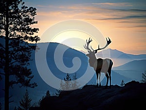 Ai Generated illustration Wildlife Concept of Elk Lookout Silhouette