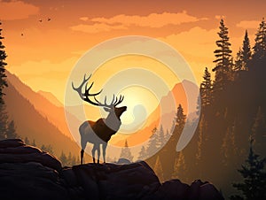 Ai Generated illustration Wildlife Concept of Elk Lookout Silhouette