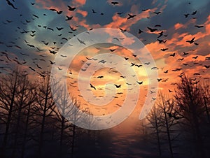 Ai Generated illustration Wildlife Concept of Flock of birds migrating south.