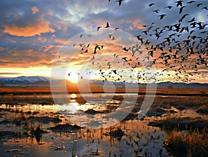 Ai Generated illustration Wildlife Concept of Flock of Migratory Birds over a Marsh