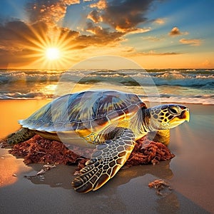 Ai Generated illustration Wildlife Concept of Florida Sea Turtle at Sunrise