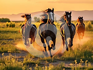 Ai Generated illustration Wildlife Concept of Four running horses in the steppe