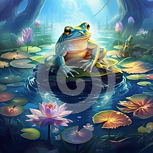 Ai Generated illustration Wildlife Concept of Frog on Lily Pad and Pond Water Nature Wildlife