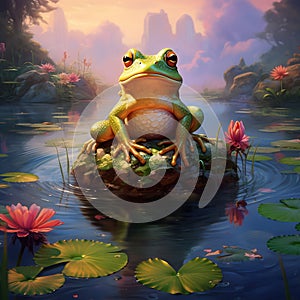 Ai Generated illustration Wildlife Concept of Frog on Lily Pad and Pond Water Nature Wildlife