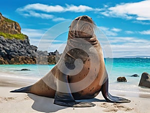 Ai Generated illustration Wildlife Concept of Galapagos sea lion pose wide