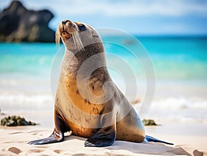 Ai Generated illustration Wildlife Concept of Galapagos sea lion pose wide