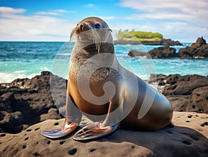 Ai Generated illustration Wildlife Concept of Galapagos sea lion pose wide