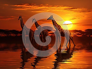 Ai Generated illustration Wildlife Concept of Giraffe over sunrise