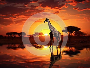 Ai Generated illustration Wildlife Concept of Giraffe over sunrise