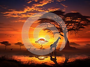 Ai Generated illustration Wildlife Concept of Giraffe over sunrise