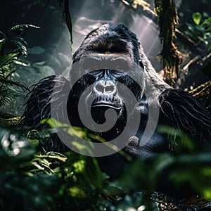 Ai Generated illustration Wildlife Concept of Gorilla in the mountain rainforest of Uganda