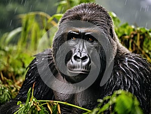 Ai Generated illustration Wildlife Concept of Gorilla and in the wilderness of mountain rainforest Uganda