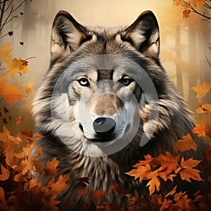 Ai Generated illustration Wildlife Concept of Gray wolf in autumn setting