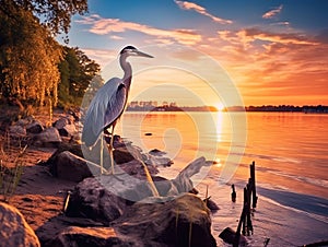 Ai Generated illustration Wildlife Concept of Great Blue Heron enjoying a golden Chesapeake Bay sunset