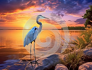 Ai Generated illustration Wildlife Concept of Great Blue Heron enjoying a golden Chesapeake Bay sunset