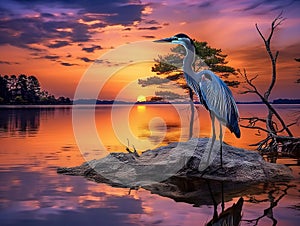 Ai Generated illustration Wildlife Concept of Great Blue Heron enjoying a golden Chesapeake Bay sunset