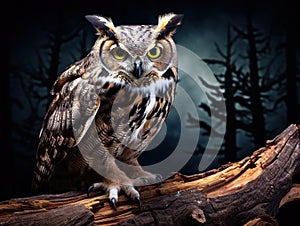 Ai Generated illustration Wildlife Concept of Great Horned Owl Standing on a Tree Log