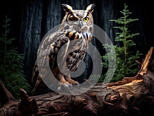 Ai Generated illustration Wildlife Concept of Great Horned Owl Standing on a Tree Log