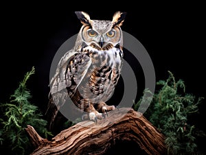 Ai Generated illustration Wildlife Concept of Great Horned Owl Standing on a Tree Log