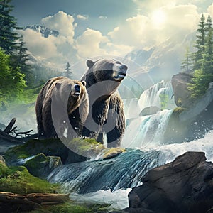 Ai Generated illustration Wildlife Concept of Grizzly bears on waterfall