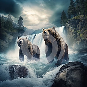 Ai Generated illustration Wildlife Concept of Grizzly bears on waterfall