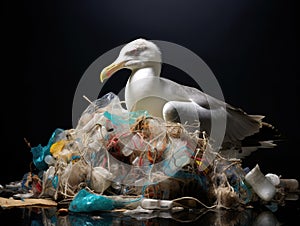 Ai Generated illustration Wildlife Concept of Gull Caught In Plastic Pollution