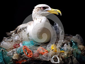 Ai Generated illustration Wildlife Concept of Gull Caught In Plastic Pollution